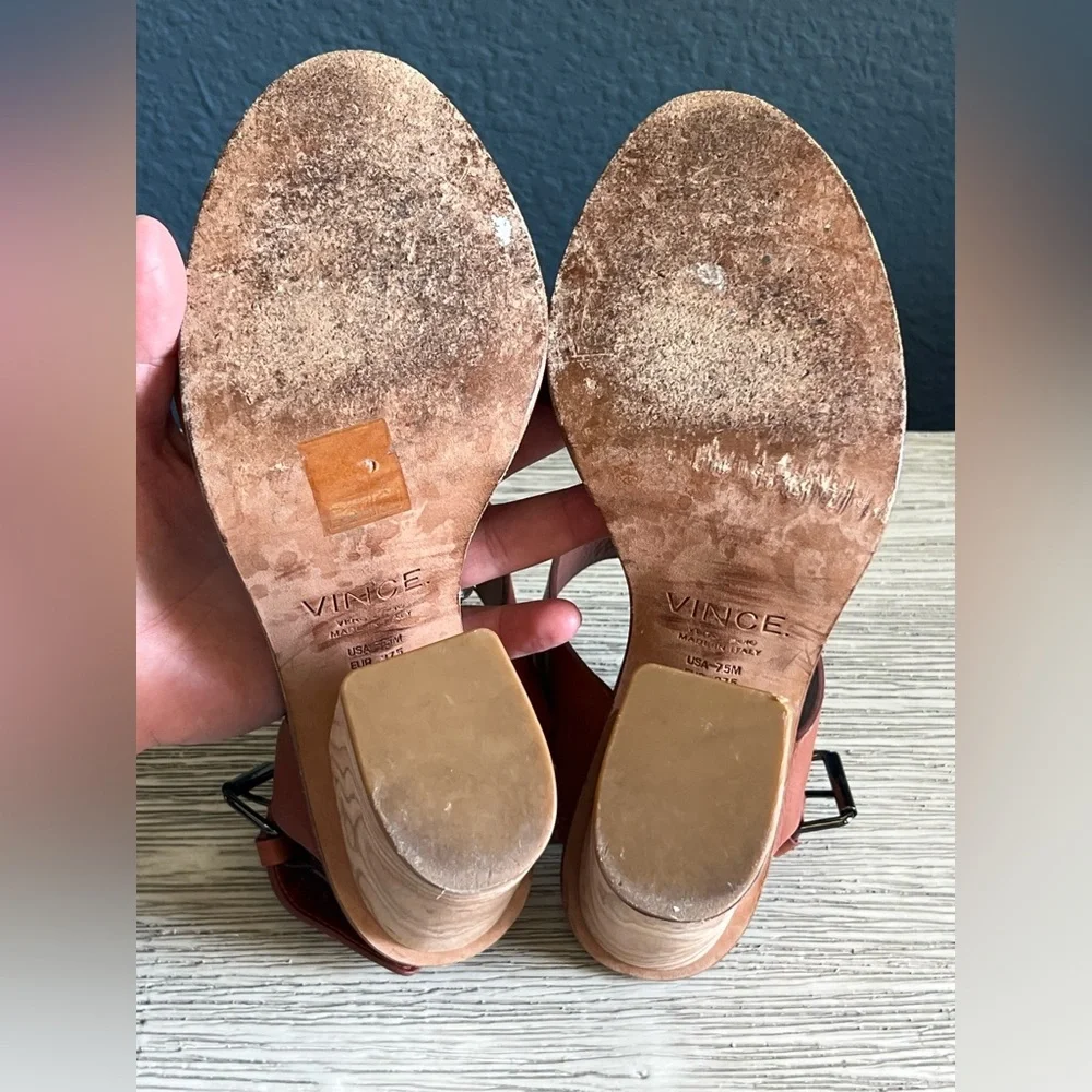 Vince Haley Tan Leather Block Heel Sandals